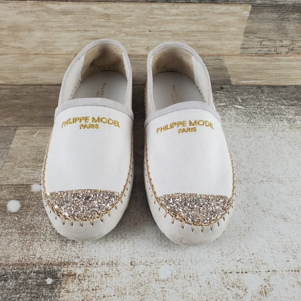 Philippe Model Paris Marseille Womens Shoes Sz 5.5 White Gold Glitter Slip On
